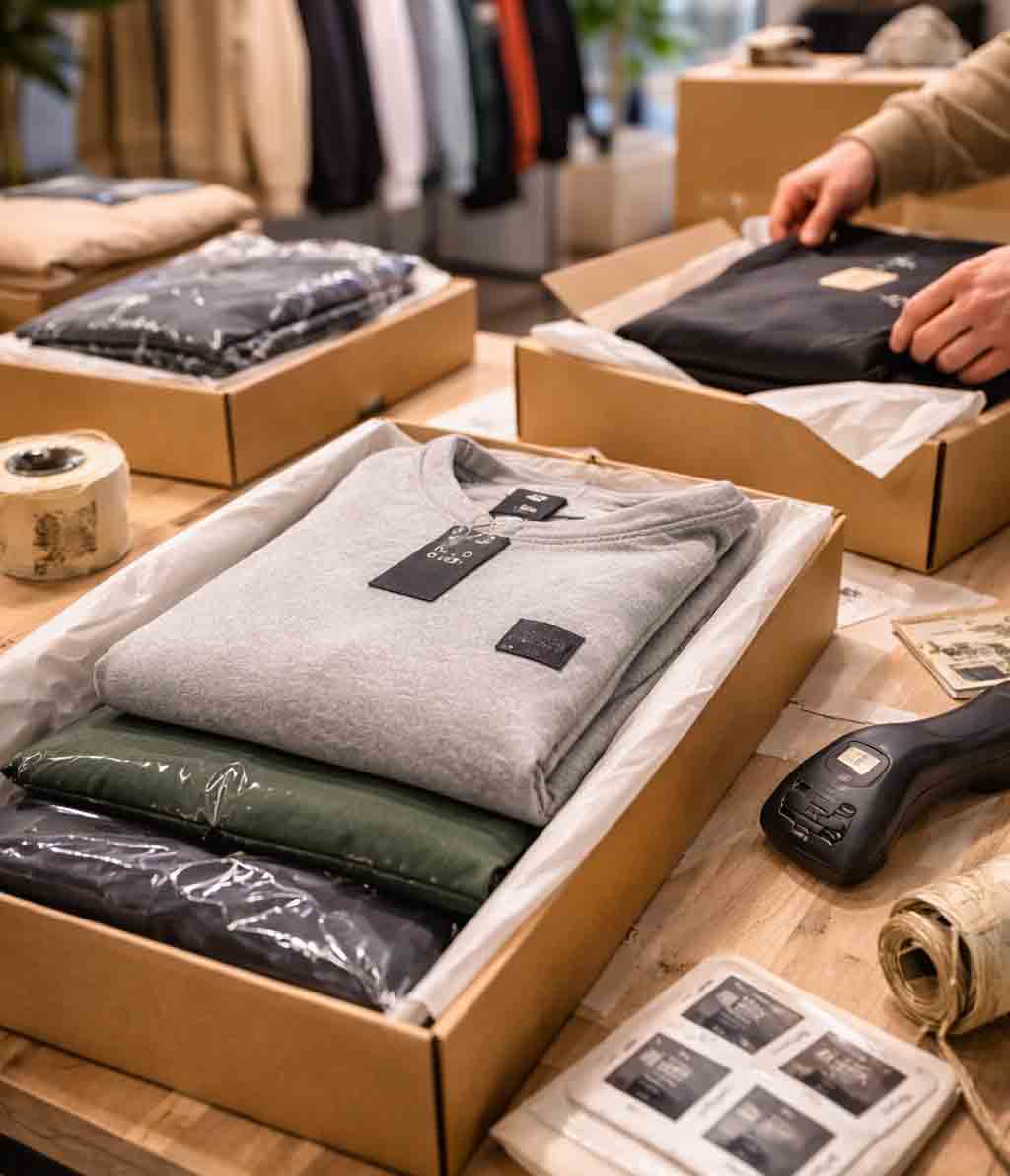 Close-up packingtafel met streetwear bestellingen en branded kleding