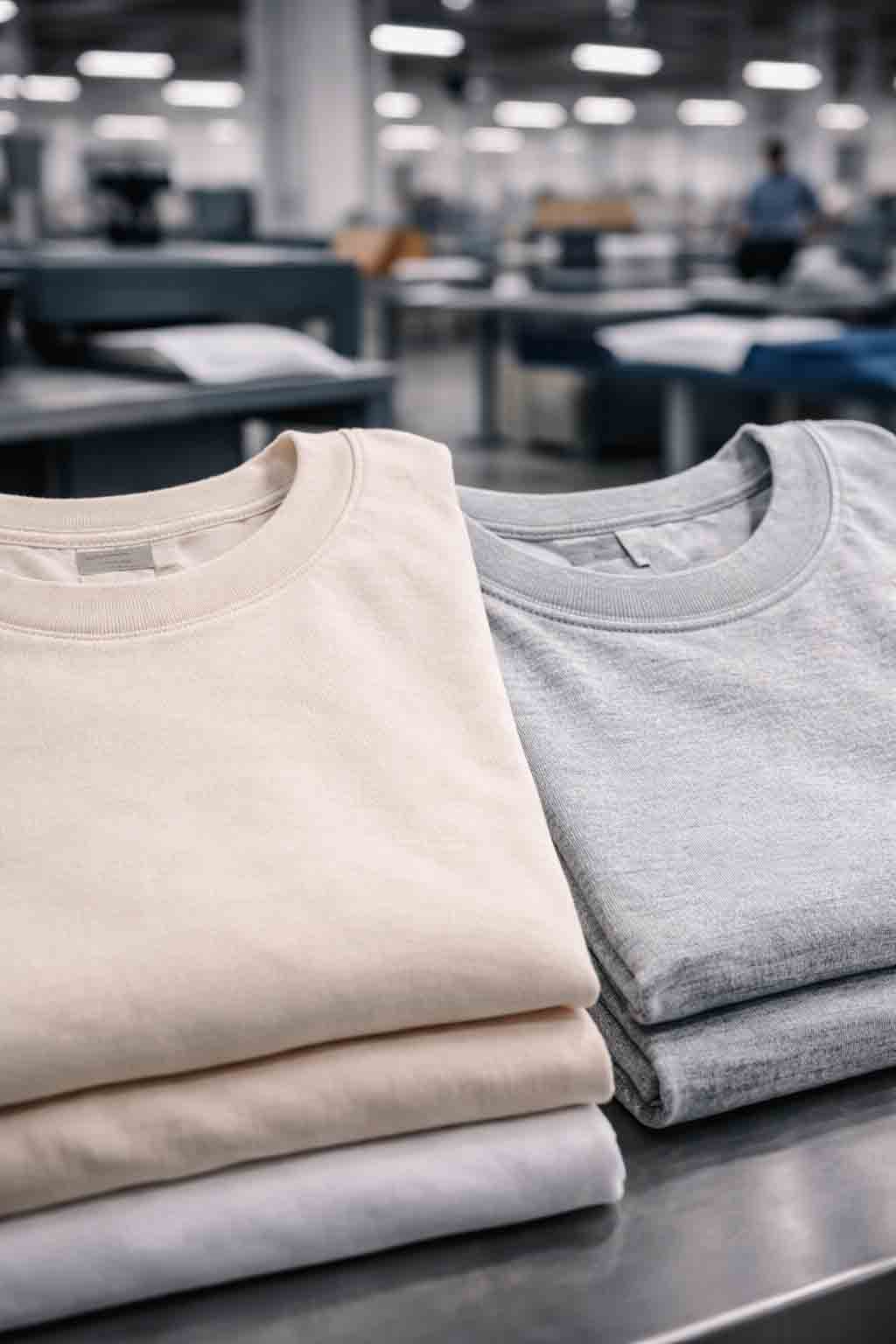 Close-up stofstructuur van katoen en blend garment in professionele productieomgeving