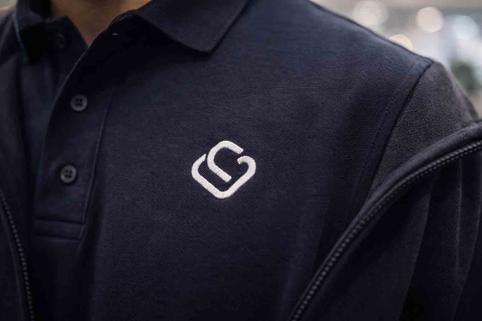 Close-up van geborduurd logo op een premium polo of softshell