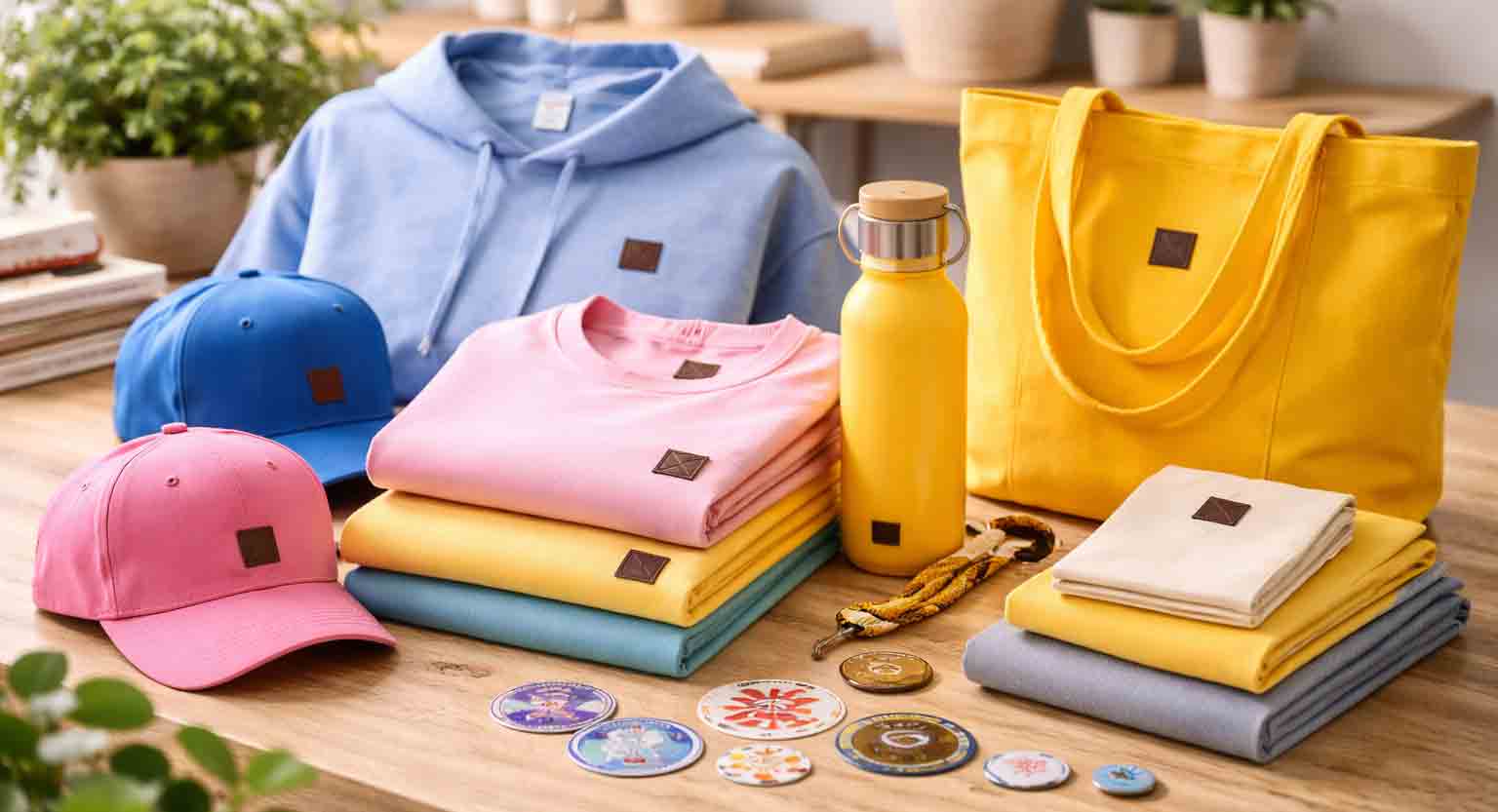branded merchandise items zoals hoodies, caps en tote bags in moderne setting